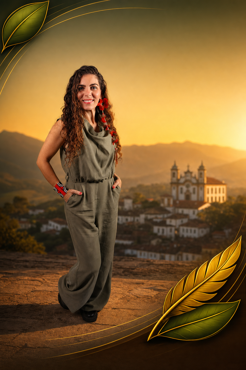 Flávia Maitri, candidata a Deputada Federal por Minas Gerais, em pé diante do amanhecer sobre o casario histórico de Minas Gerais